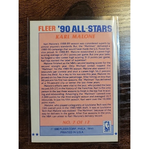 Karl Malone 1990-1991 Fleer All Stars #7 of 12 - Utah Jazz - NBA - Picture 2 of 2